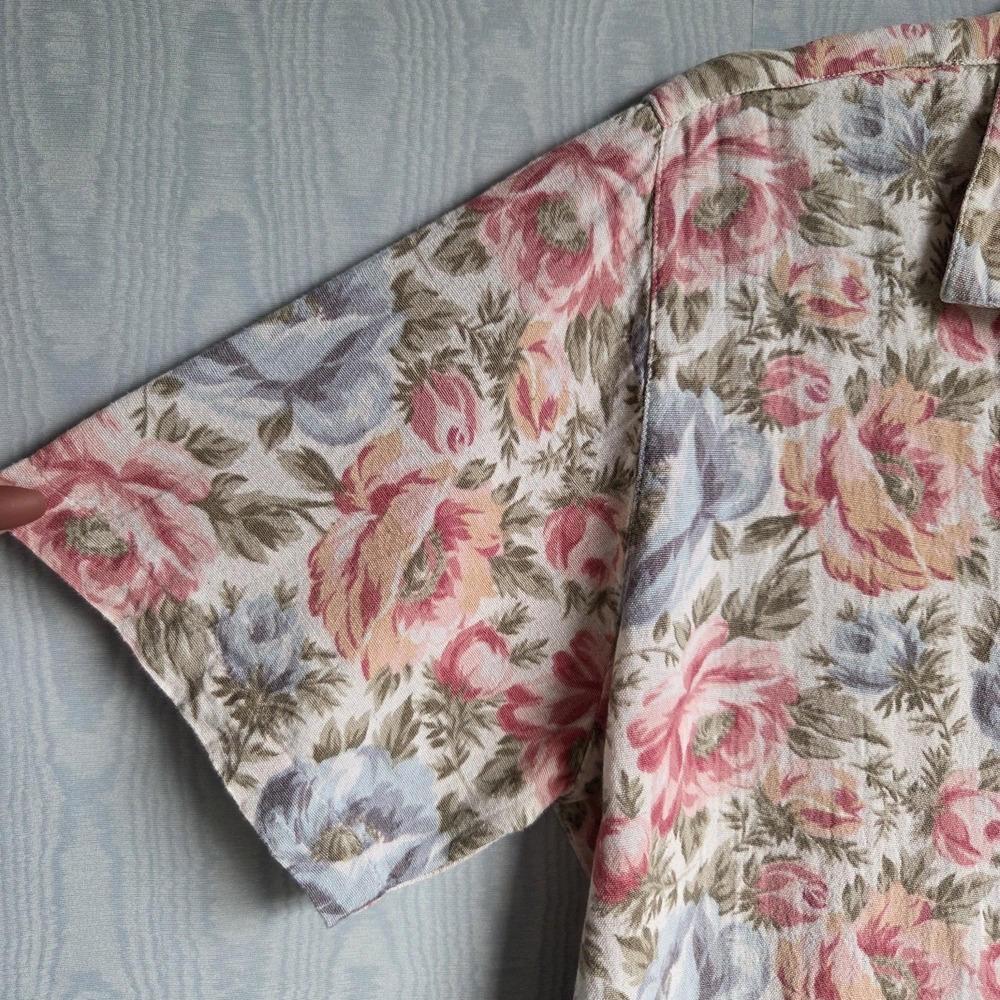 Vtg 70s 80s Womens M Linen Blend Floral Button Down Short Sleeve Shirt Pastel - Picture 2 of 7